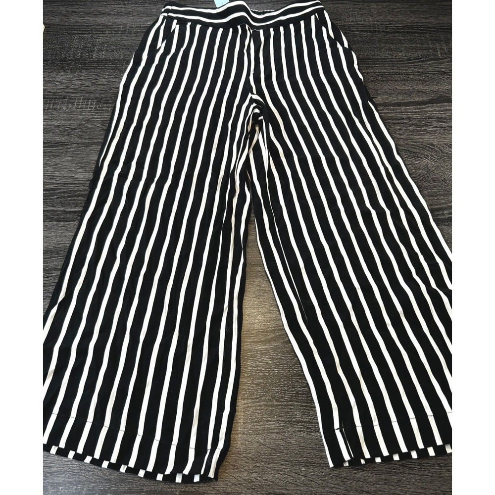 LOFT Womens XS Petite Black White Striped Wide Leg Cropped Pull-On Pants NEW